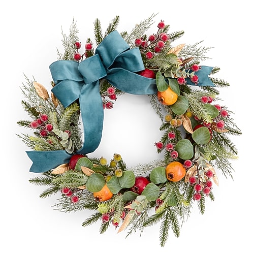 North Pole Trading Co . Pomander Blue Velvet Bow Wreath In Green