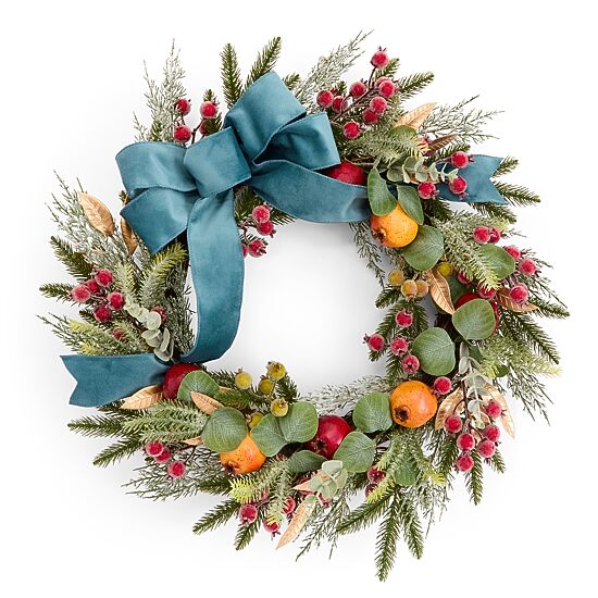 North Pole Trading Co. 24" Pomander Blue Velvet Bow Wreath
