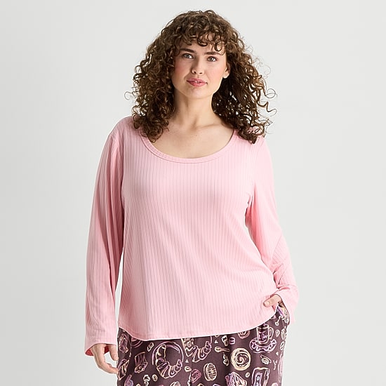Sleep Chic Womens Round Neck Long Sleeve Plus Pajama Top