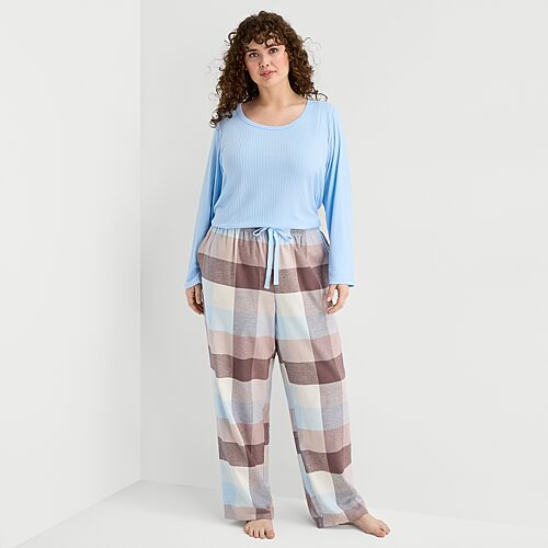 Sleep Chic Womens Round Neck Long Sleeve Plus Pajama Top In Blue