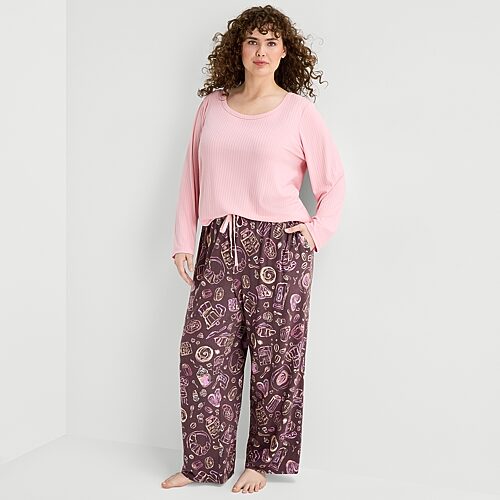 Sleep Chic Womens Round Neck Long Sleeve Plus Pajama Top In Pink