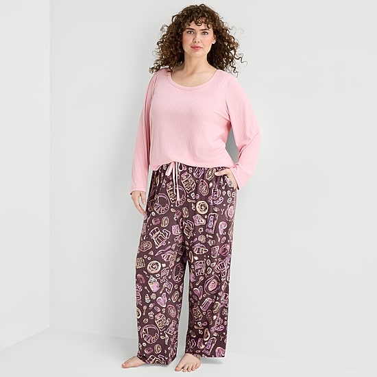 Sleep Chic Womens Round Neck Long Sleeve Plus Pajama Top
