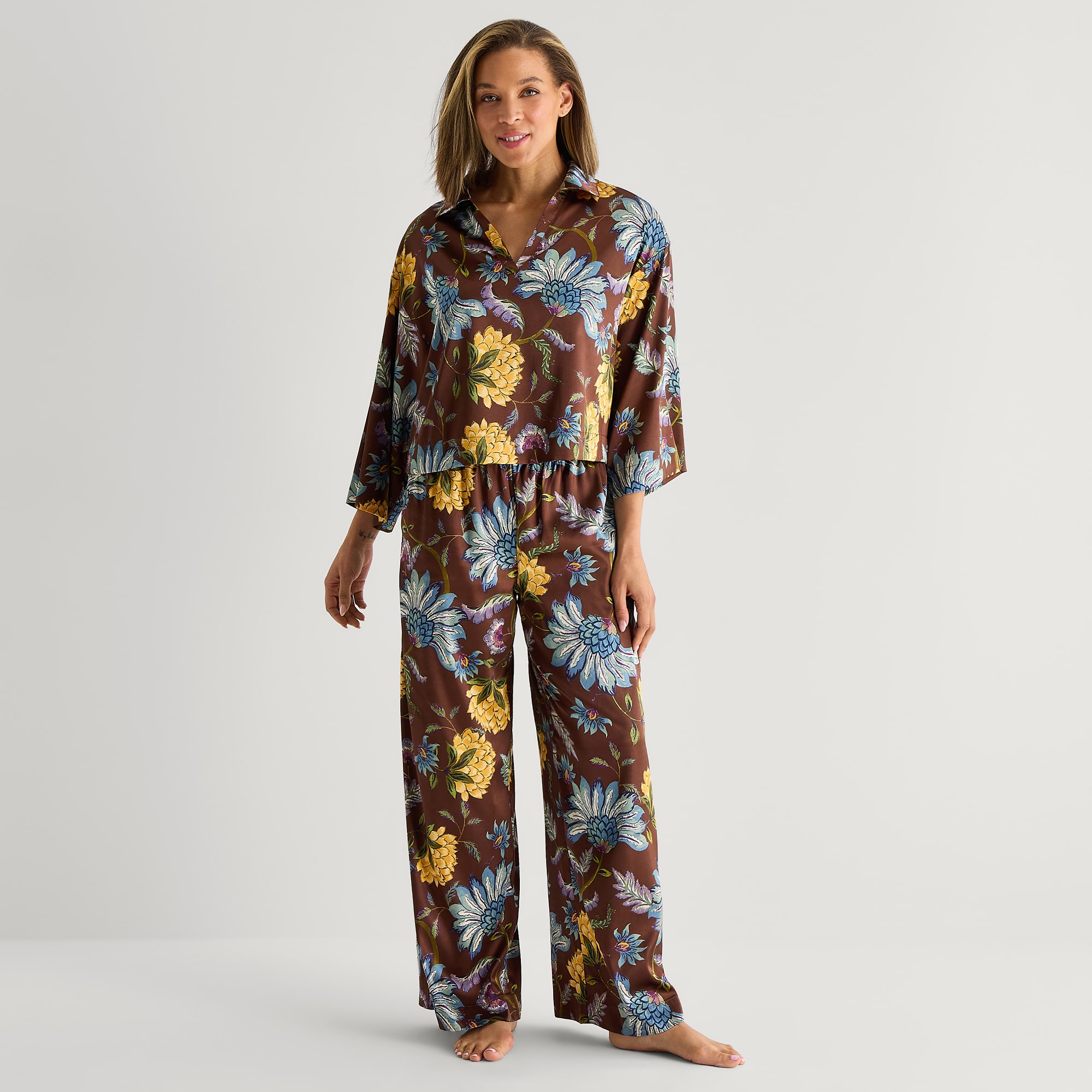 Liz Claiborne Womens Satin Long Sleeve 2-pc. Pajama Set