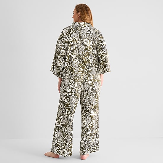 Liz Claiborne Womens Satin Long Sleeve 2-pc. Plus Pajama Set