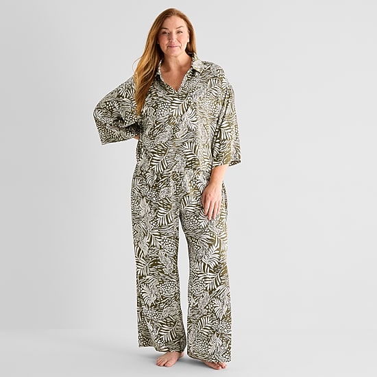 Liz Claiborne Womens Satin Long Sleeve 2-pc. Plus Pajama Set