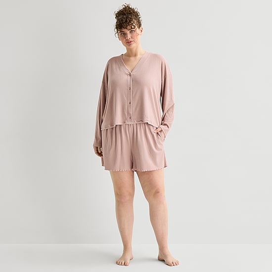 Ambrielle Womens Rib Round Neck V-Neck Long Sleeve 2-pc. Juniors Plus Pajama Set
