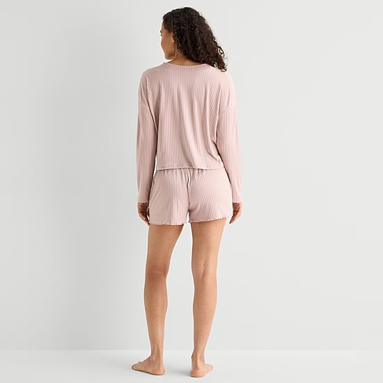 Ambrielle Womens Rib V-Neck Long Sleeve 2-pc. Pajama Set
