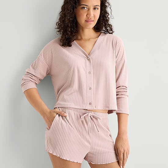 Ambrielle Womens Rib V-Neck Long Sleeve 2-pc. Pajama Set