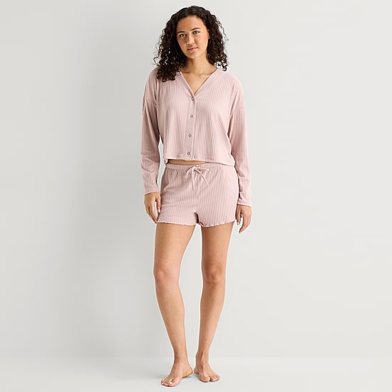 Ambrielle Womens Rib V-Neck Long Sleeve 2-pc. Pajama Set
