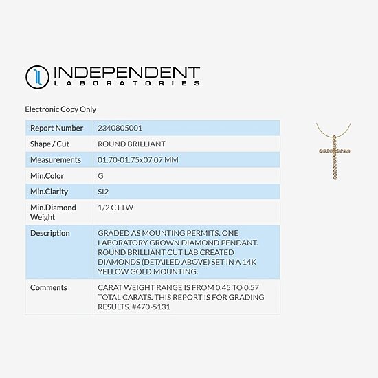 (G / Si2) Womens 1/2 CT. T.W. Lab Grown White Diamond 14K Gold Cross 18 Inch Pendant Necklace