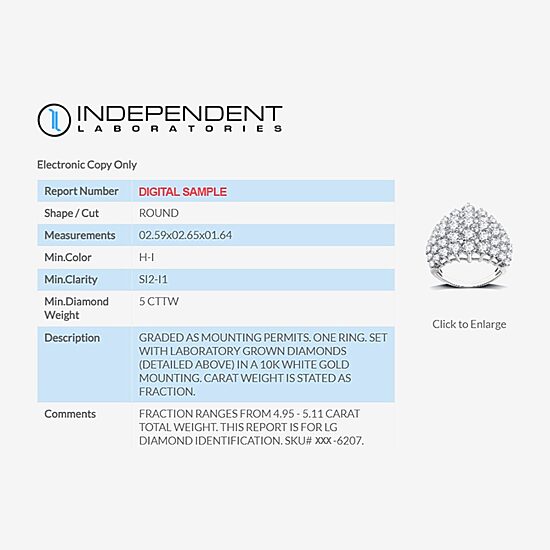 (H-I / Si2-I1) Womens 5 CT. T.W. Lab Grown White Diamond 10K White Gold Cocktail Ring