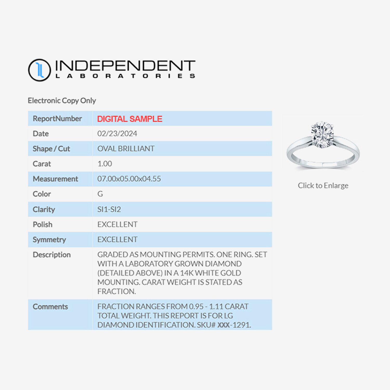 1 CT. Lab-Grown (G / SI2) Diamond Oval Solitaire Engagement Ring 10K or 14K Gold