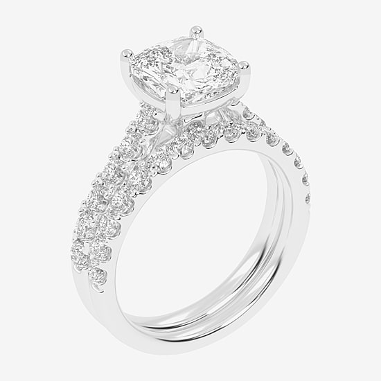 Signature By Modern Bride (G-H / Vs2-Si1) Womens 3 CT. T.W. Lab Grown White Diamond 14K Gold Cushion Side Stone Bridal Set
