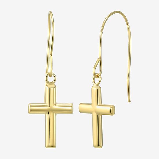 Womens 14K Gold Cross Drop Earrings
