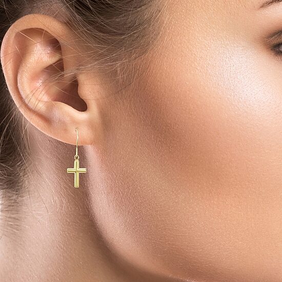 Womens 14K Gold Cross Drop Earrings