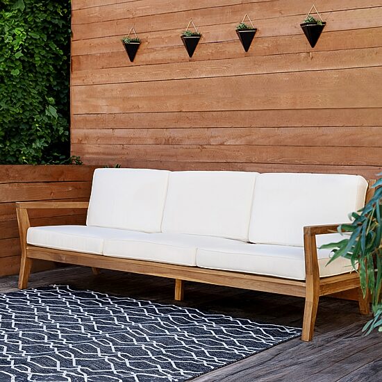 Carlbach Outdoor Teak 3-Seater Sofa with Cushions