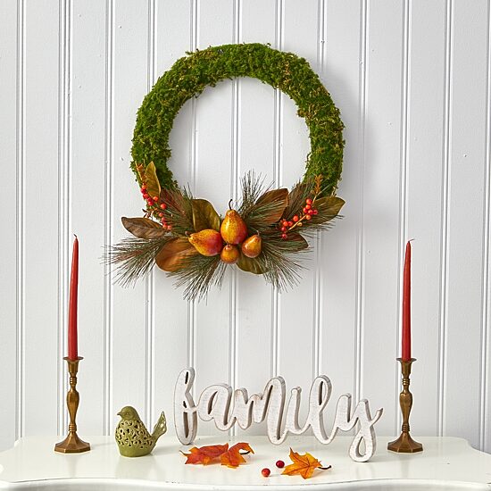 Nearly Natural 22in Faux Pear; Magnolia; And Moss Wreath