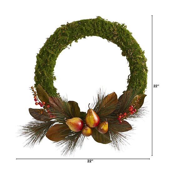 Nearly Natural 22in Faux Pear; Magnolia; And Moss Wreath