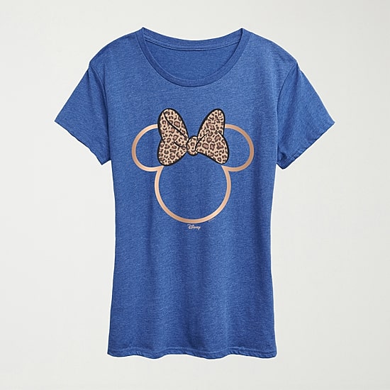 Leopard Print Bow Womens Plus Crew Neck Short Sleeve Regular Fit Minnie Mouse Graphic T-Shirt
