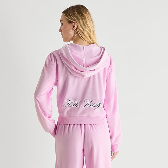 Hello Kitty Velour Full Zip Womens Juniors Long Sleeve Hello Kitty Fleece Hoodie