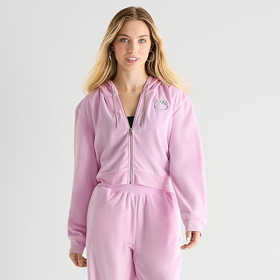Hello Kitty Velour Full Zip Womens Juniors Long Sleeve Hello Kitty Fleece Hoodie