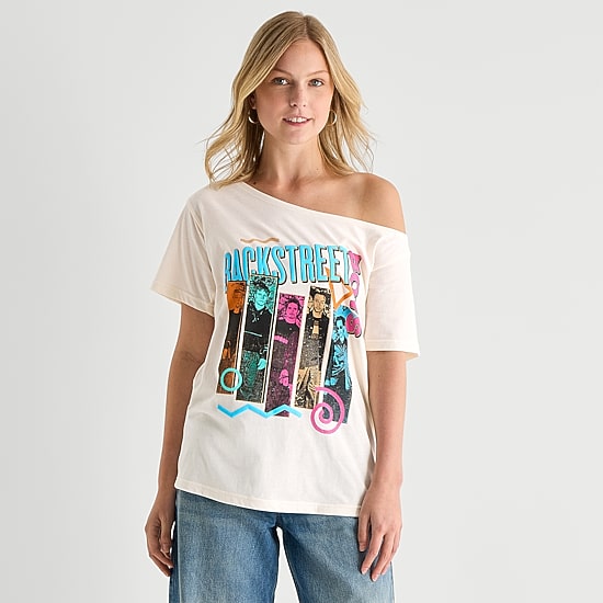 Bsb Off Shoulder Womens Juniors Boat Neck Short Sleeve Loose Fit Graphic T-Shirt