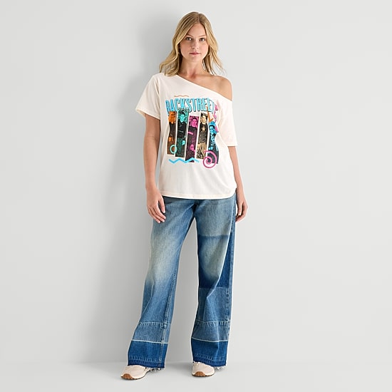 Bsb Off Shoulder Womens Juniors Boat Neck Short Sleeve Loose Fit Graphic T-Shirt