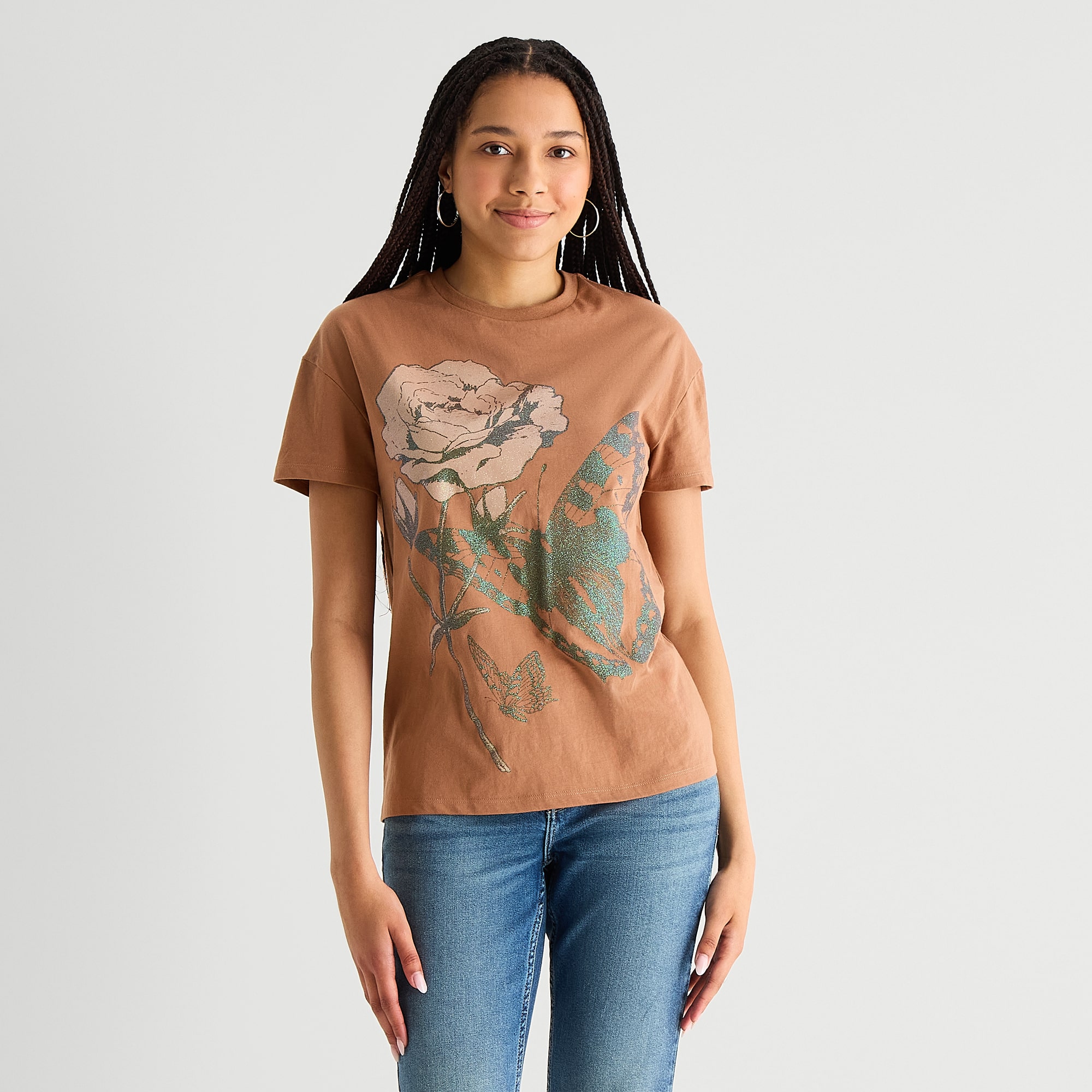 Butterfly Boyfriend Tee Womens Juniors Crew Neck Short Sleeve Loose Fit Graphic T-Shirt