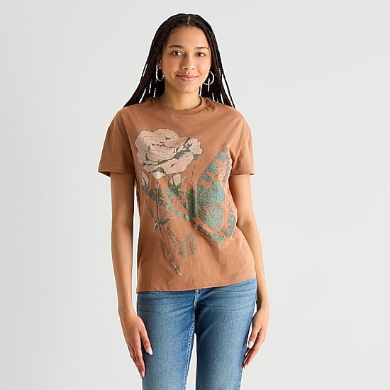 Butterfly Boyfriend Tee Womens Juniors Crew Neck Short Sleeve Loose Fit Graphic T-Shirt