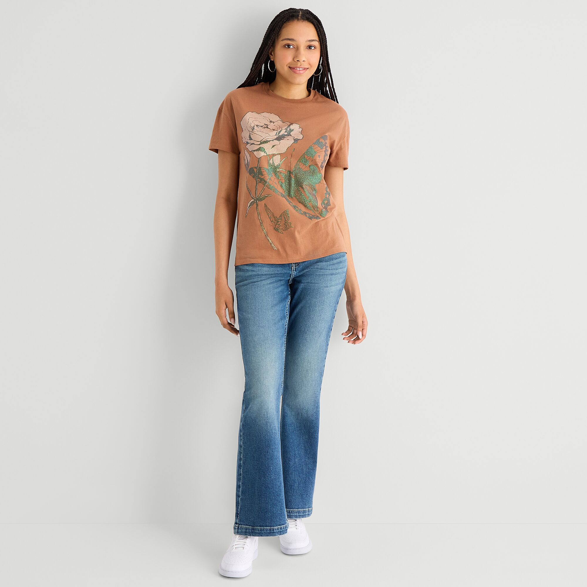 Butterfly Boyfriend Tee Womens Juniors Crew Neck Short Sleeve Loose Fit Graphic T-Shirt