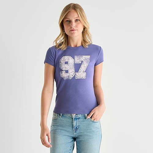 Arizona Womens Juniors Crew Neck Short Sleeve Regular Fit Graphic T-Shirt, Xx-large, Purple