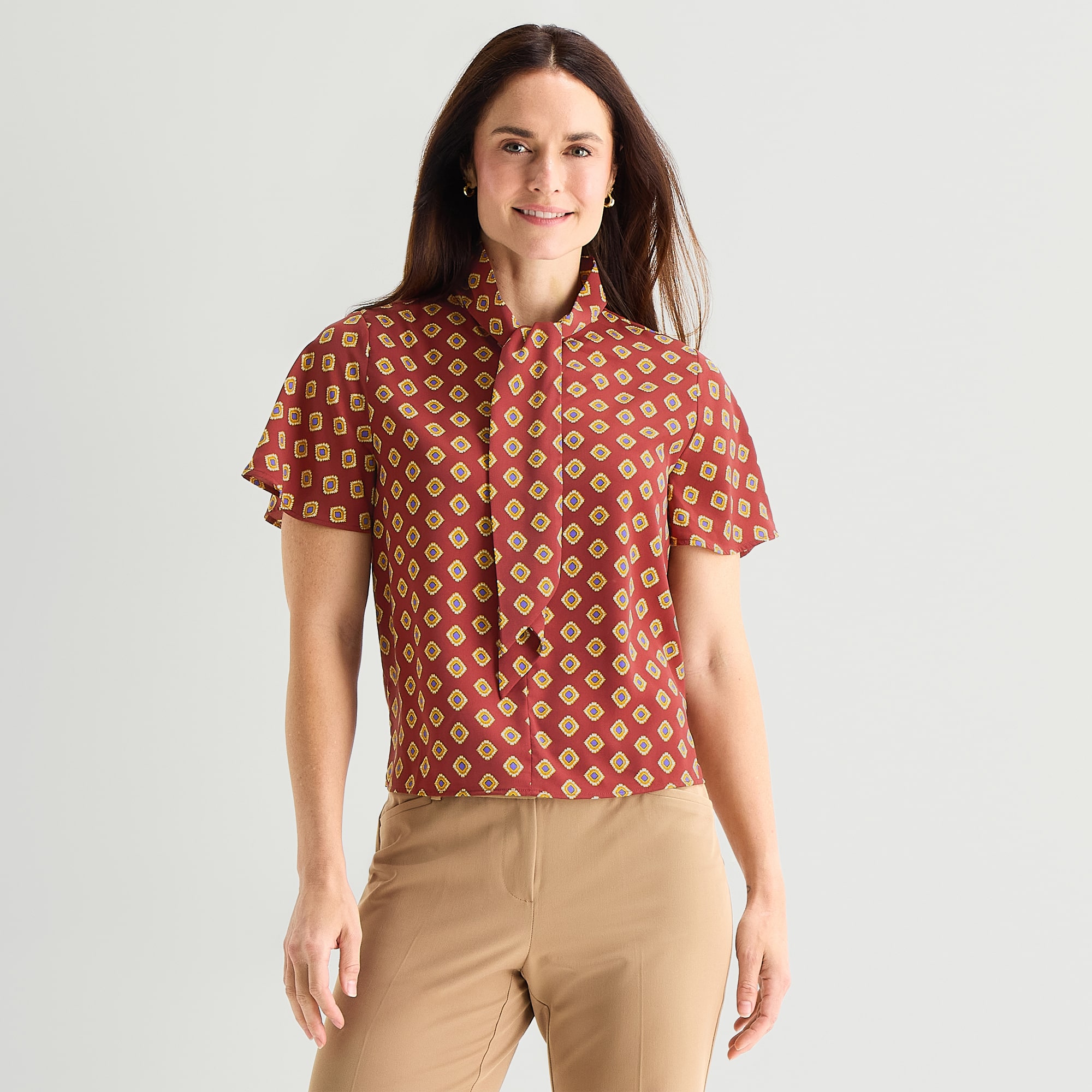 Liz Claiborne Womens Split Tie Neck Short Sleeve Blouse - JCPenney