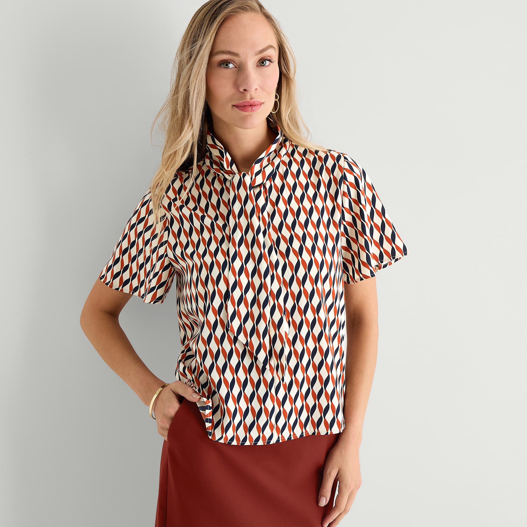 Liz Claiborne Womens Split Tie Neck Short Sleeve Blouse