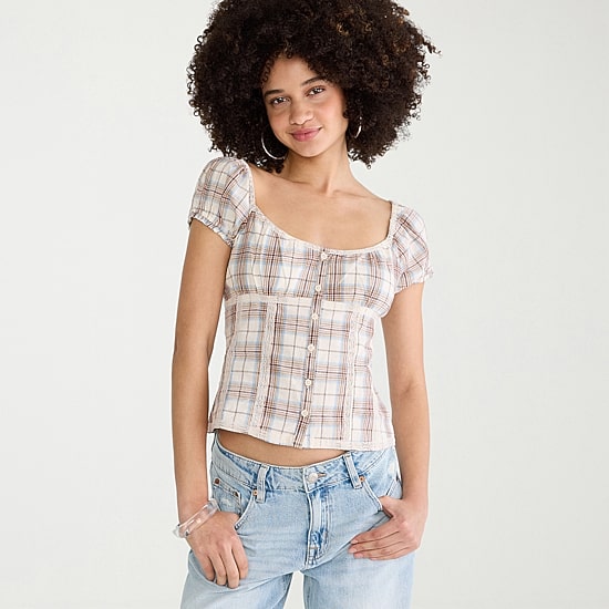 AEROPOSTALE Womens Juniors Square Neck Puffed Short Sleeve Regular Fit Button-Down Shirt