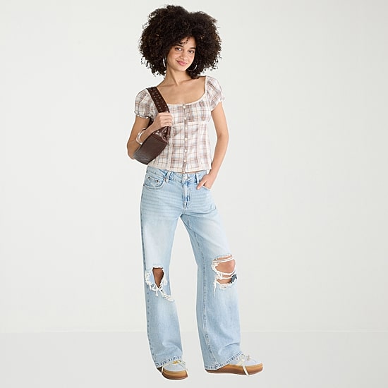 AEROPOSTALE Womens Juniors Square Neck Puffed Short Sleeve Regular Fit Button-Down Shirt