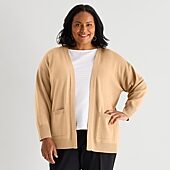 Liz Claiborne Womens Boat Neck Long Sleeve Open Front Plus Cardigan