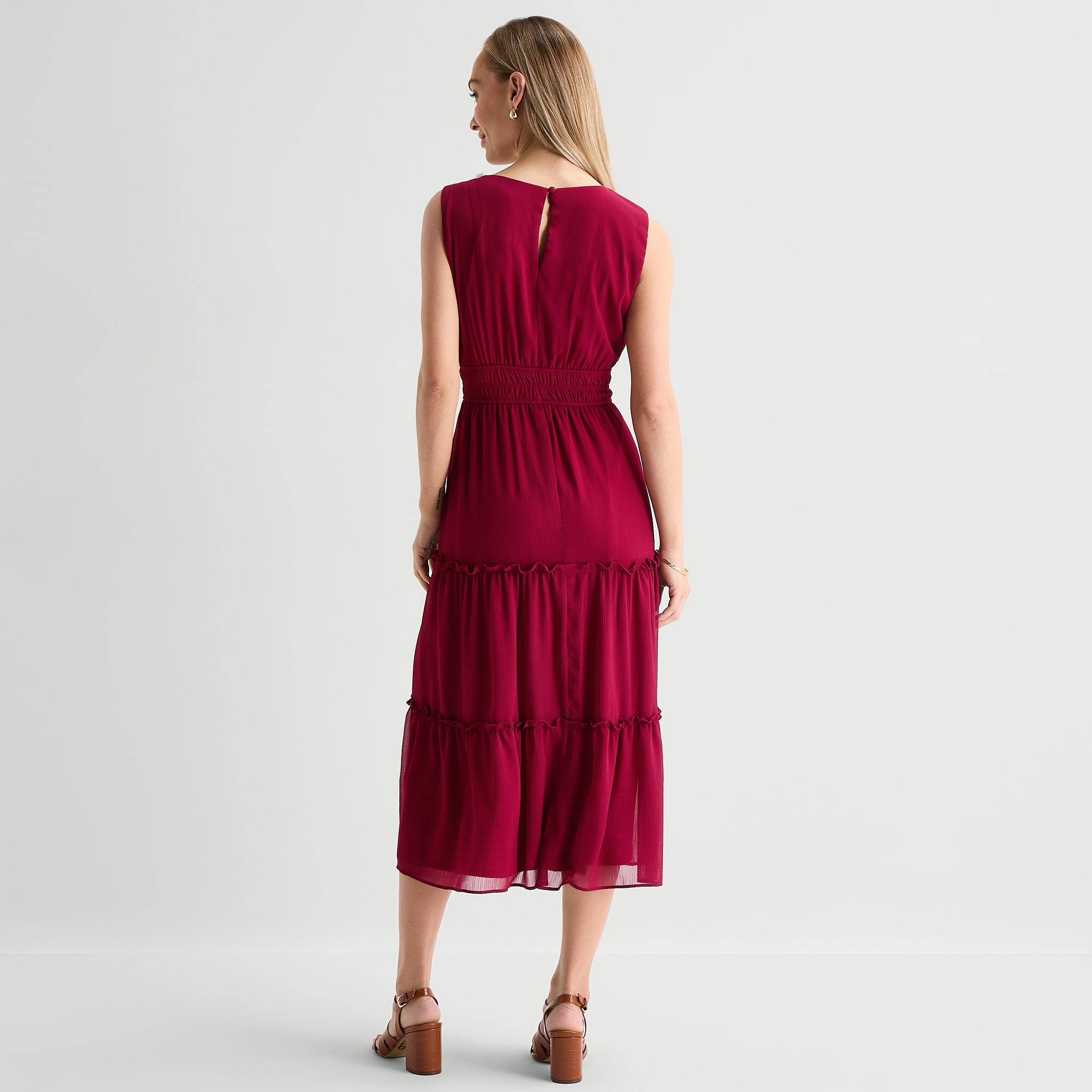 Danny & Nicole Womens Midi V Neck Sleeveless Fit + Flare Dress