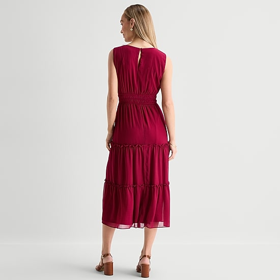 Danny & Nicole Womens Midi V Neck Sleeveless Fit + Flare Dress