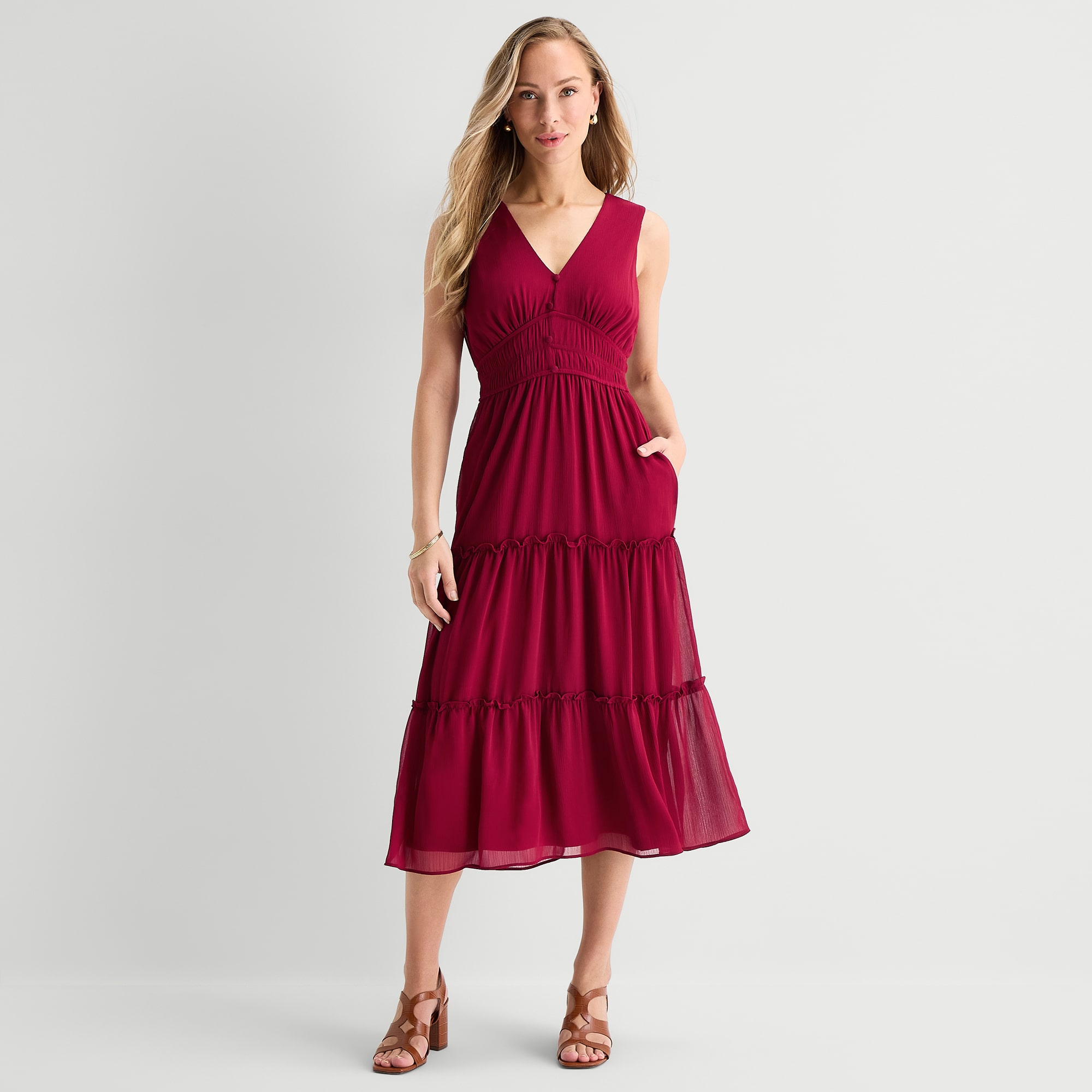 Danny & Nicole Womens Midi V Neck Sleeveless Fit + Flare Dress