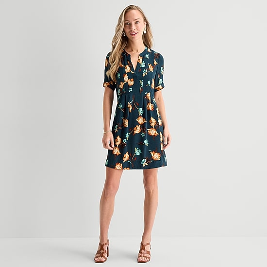 Be by CHETTA B Womens Notch Neck Short Sleeve Floral Shift Dress