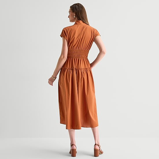 Danny & Nicole Womens Midi V Neck Short Sleeve Fit + Flare Dress