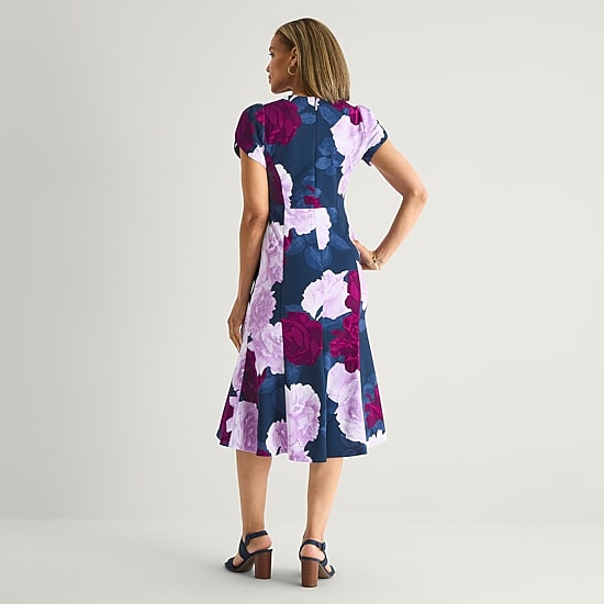 Marc New York Womens Midi Round Neck Short Sleeve Floral Fit + Flare Dress