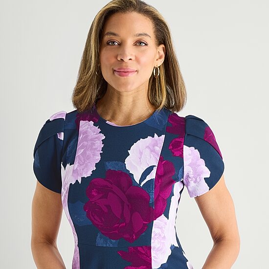 Marc New York Womens Midi Round Neck Short Sleeve Floral Fit + Flare Dress