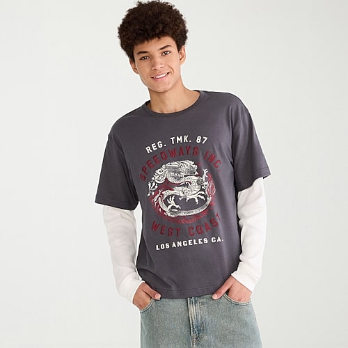 Aéropostale Mens Crew Neck Long Sleeve Boxy Fit Twofer Graphic T-shirt In Black