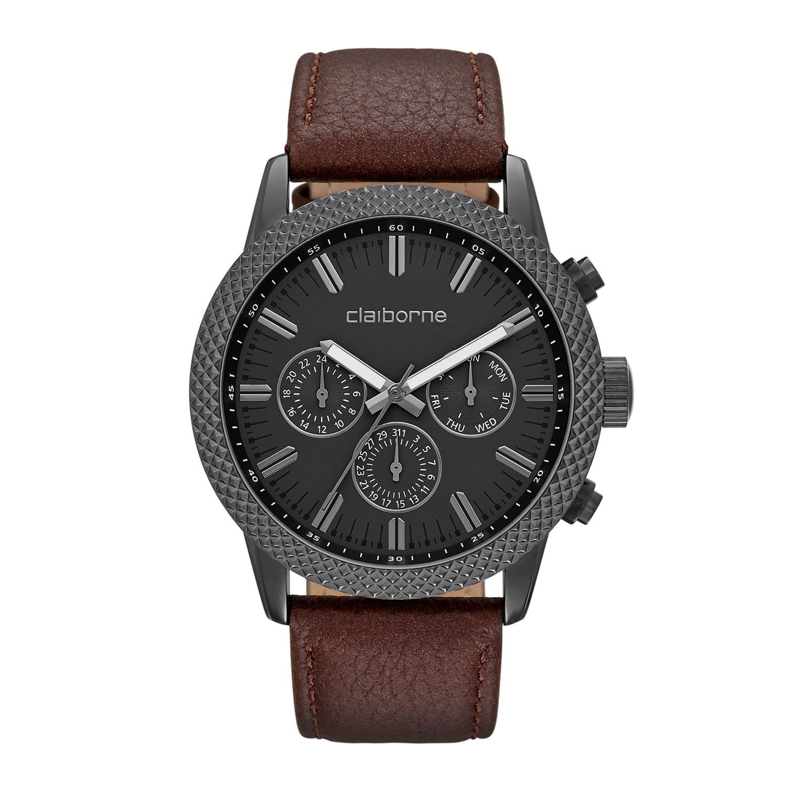 Claiborne® Mens Brown Textured Bezel Leather Strap Watch
