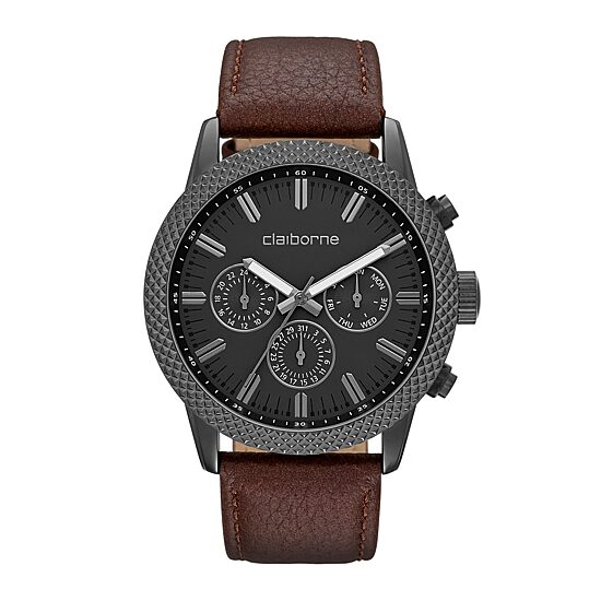 Claiborne® Mens Brown Textured Bezel Leather Strap Watch