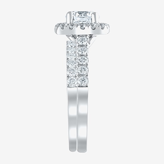 (H-I / I1) Womens 2 CT. T.W. Lab Grown White Diamond 10K Gold Cushion Side Stone Halo Bridal Set