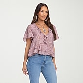 Jessica Simpson Womens Split Tie Neck Short Sleeve Ruffled Blouse