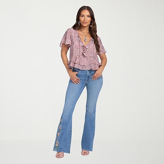 Jessica Simpson Womens Split Tie Neck Short Sleeve Ruffled Blouse