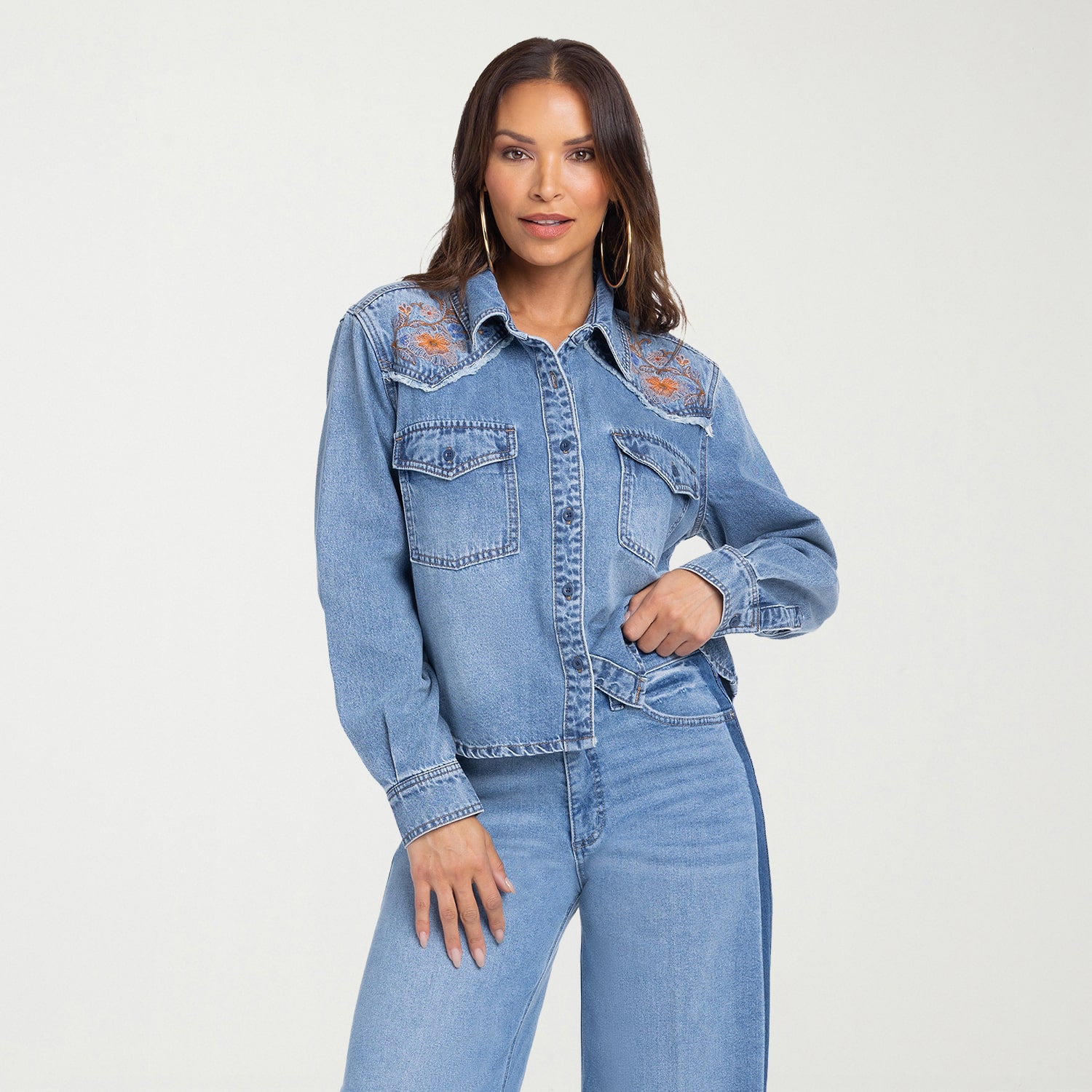 JS Jessica Simpson Womens V Neck Cuffed Long Sleeve Regular Fit Button-Down Shirt